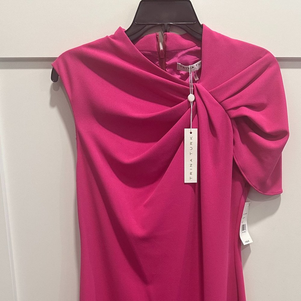 Stylish draped one shoulder pink dress for work or play.